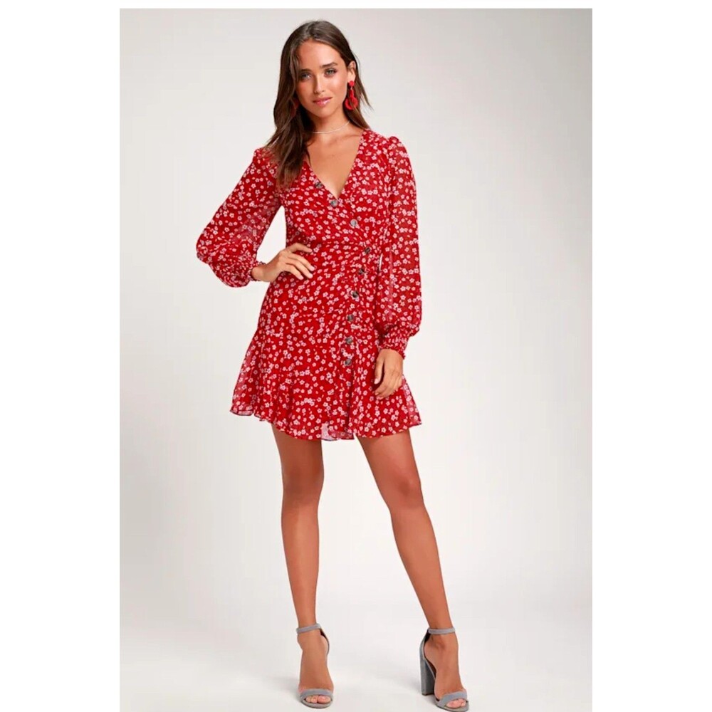 Lulus Red Floral Chiffon V-Neck Mini Dress Button Front Smocked Lined Size L